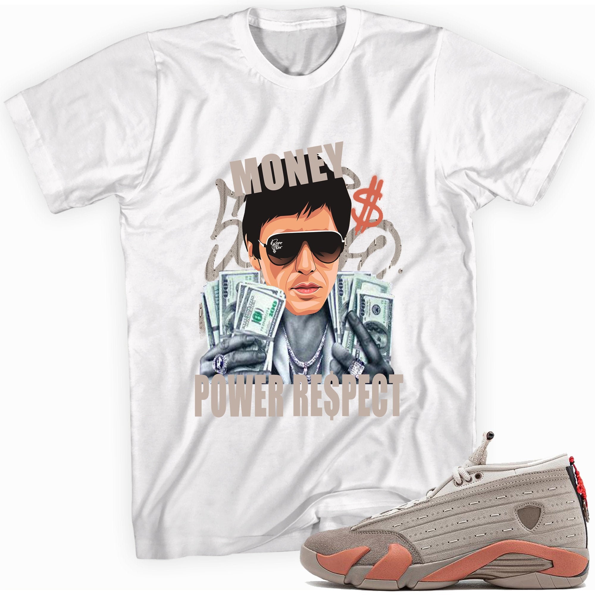 SneakerShirtsOutlet Money Power Respect Custom Shirt Made to Match Jordan 14 Retro Low CLOT x Terracotta