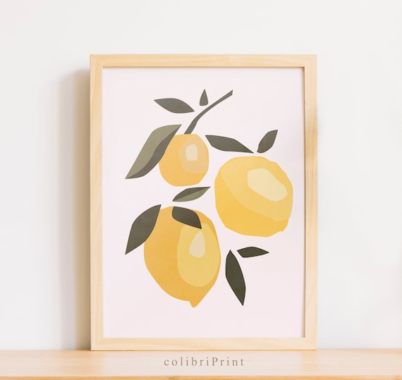 Modern abstract botanical lemon wall art lemon kitchen decor | Etsy