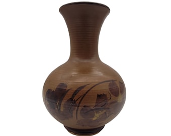 Vintage 1972  Pacific Stoneware Bennet Welsh Pottery Vase Brown Flowers Boho MCM