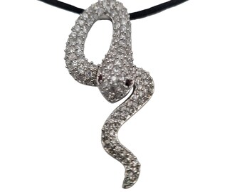 Vintage Sterling Crystal CZ Coiled Snake Serpent Pendant Silk Cord Necklace