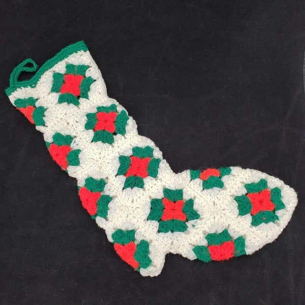 Vintage Granny Square Christmas Stocking Boot with Heel White Red Green