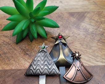 Vintage Brutalist Christmas Tree Pin Mixed Metal Copper Brass Pewter 3 Crosses