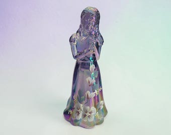 Fenton Plum Opalescent Glass Girl Teddy Bear Figurine Signed D Robinson 1999 #432/1950