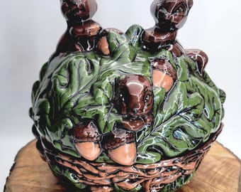 Vintage Ceramic Squirrels Acorns Nuts Bowl Cookie Jar Walnut Shaped Base Cottagecore