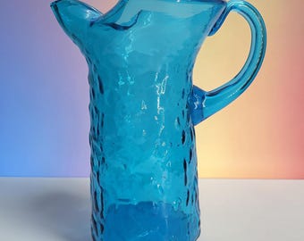 Vintage MCM Empoli Italian Blue Glass Pitcher Crinkle Dot Optic Art Glass Handle