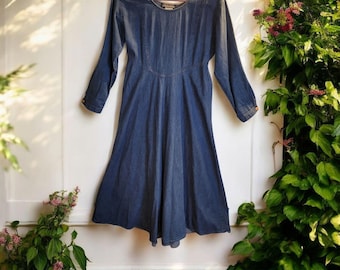 Vintage Chorus Blues Long Sleeve Blue Denim Dress Empire Waist Flare Midi SZ 10
