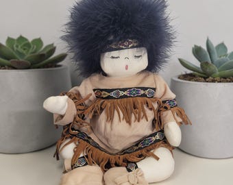 Vintage Soft Sculpture Native American Indian Doll Feather Hair Handcrafted 12 inch