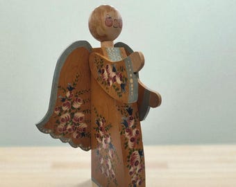 Vintage Handmade Wooden Folk  Art  Angel Country Christmas Cottage Pink Roses