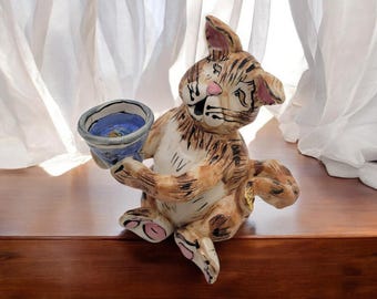 Heather Goldminc Blue Sky Ginger Tabby Cat Goldfish Bowl Candle Holder 2000