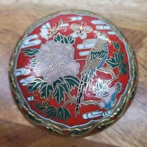 Cloisonne Chinese Round Trinket Box Long Tail Bird Butterfly Floral Design Vtg