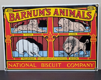 Vintage Ande Rooney Barnum's Animals Enamel Porcelain Metal Sign 11x8 Nabisco