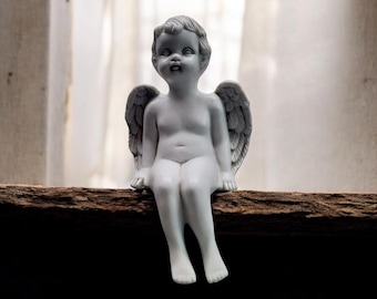 Vintage Cherub Angel Cupid Figurine Shelf Sitter Matte Seated White Whimsigoth Dreamy Ethereal