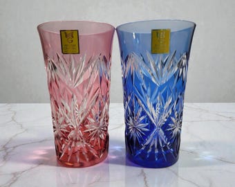 Vintage Kagami Crystal Edo Kiriko Cordial Glasses Blue Pink Hand Cut Set of 2 Meoto Japan