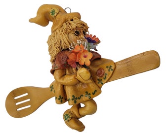 Vintage Kitchen Witch Riding Spoon Wall Hanging Salt Dough Folk Art Good Luck