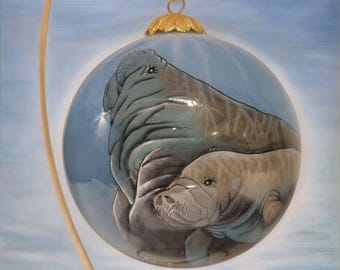 Bill Yee 1999 Reverse Painted Glass Ball Ornament Manatee Mom Baby Fish BYA