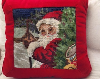 Vintage Wool Santa Claus Christmas Needlepoint 9x9 in Pillow Red Velvet