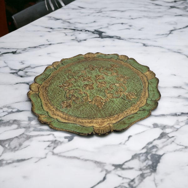 Vintage Florentine Green And Gold Round Tray Marked BUSA Italy