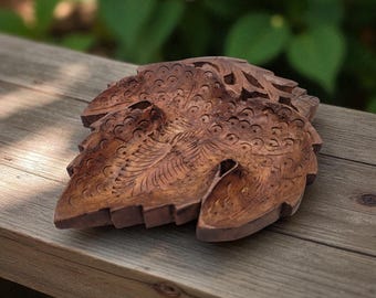 Vintage Hand Carved Teak Wood Leaf Trinket Dish Bowl Made in India Boho Nature