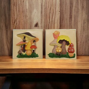 Vintage 1979 Ceramic Handmade Handpainted Mushroom Wall Hanging Plaques Set of 2