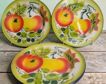 Vintage MCM Enamelware Plate Set 6 Colorful Fruit Blue Rim Cottagecore Retro Picnic Grandmacore