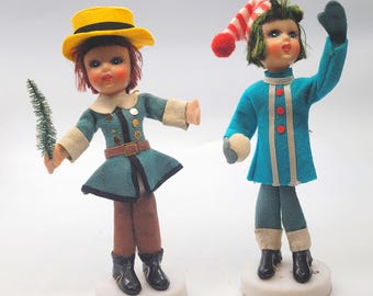 Vintage 1960s Christmas Figures Felt Plastic Made in Japan Snowball Tree Caroler