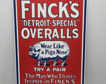 Fincks Finck’s Overalls Ande Rooney Sign Porcelain 12x9 inch  Vintage 1990s
