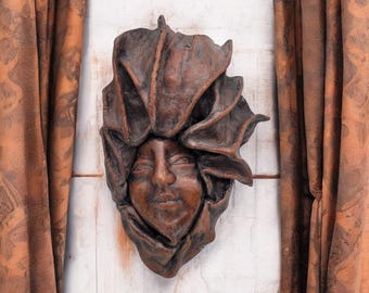 Leather Sculpture Woman's Face Wall Art Hanging Mask Boho Ethnic Large 15x11 in