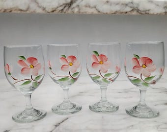 Libbey Franciscan Desert Rose Goblets Water Wine Hand Painted Set of 4
