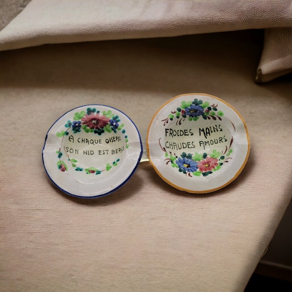 Handpainted Ashtray Trinket Ring Dish French Proverb Cottage Granny Italy Set 2