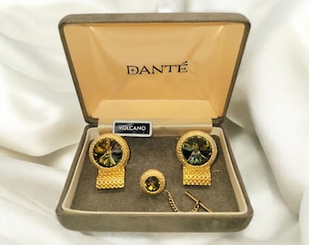 Vintage Dante Volcano Rivoli Rhinestone Goldtone Mesh Cufflinks and Tie Tack Set