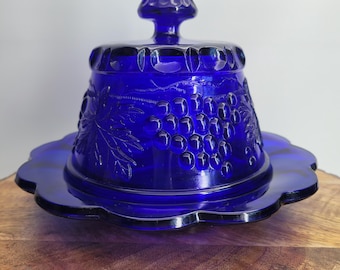 Vintage 1980's Mosser Cobalt Blue Grape and Cable Glass Covered Butter Dish Cheese Dome