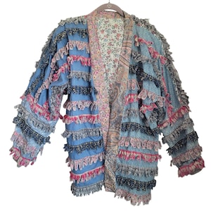 Vintage 80s Patchwork Fringe Jacket M L XL Boho Artisan Lagenlook Open Front Wearable Art