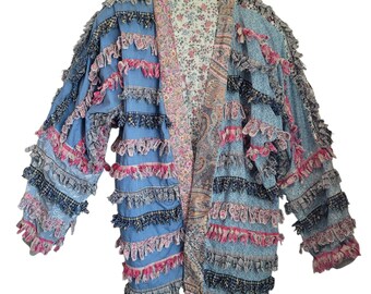 Vintage 80s Patchwork Fringe Jacket M L XL Boho Artisan Lagenlook Open Front Wearable Art