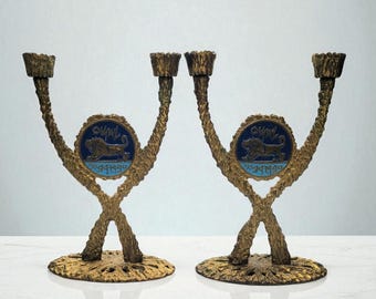 Brutalist Jewish Seal of Shema Judaica Double Brass Sabbath Candleholder 2 PC