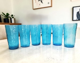 Vintage Morgantown Aqua Blue Peacock Crinkle Glasses Tumblers 5.75 in. Set of 6