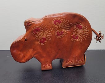 Embossed Leather Hippo Coin Bank, Handcrafted in India