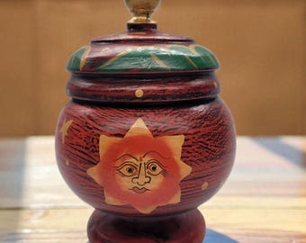 Vintage Celestial Sun Moon Stars Handpainted Wood Trinket Box Pedestal Jar w Lid