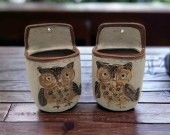 Owl Wall Pocket Counterpoint Handpainted Vintage Planter Boho Cottage SET OF 2