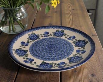 Vintage 90's Ceramika Artystyczna Polish Pottery 10.5” Dinner Plate Blue Poppies