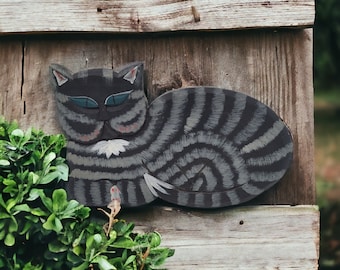 Gray Tabby Cat Wooden Wall Plaque Vintage Hand Painted