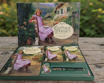 Vintage 1996 Cottage Garden Gift Set - Floral Diary, Address Book & Pen - Cottagecore Stationery Gift