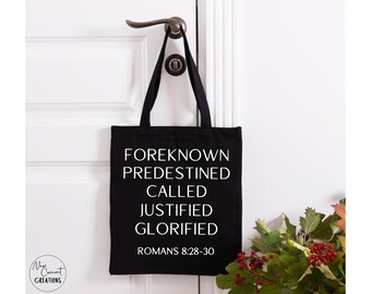 Romans 8:28-30 Canvas Bag | Christian Scripture Tote | Bible Verse Tote Bag | Ladies Christian Bag | Golden Chain of Salvation Tote Bag