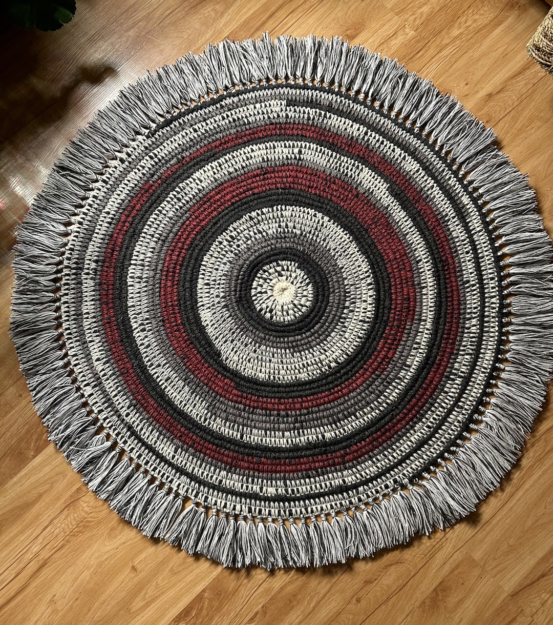 Grainger Round Rug Burgundy and Grey Round Fringed Rug - Etsy