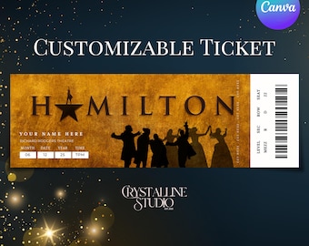 May include: Customizable ticket with the word "HAMILTON" in large, dark brown letters. The ticket features a silhouette of a group of people and a star. The ticket includes the text "YOUR NAME HERE" and "RICHARD RODGERS THEATRE".