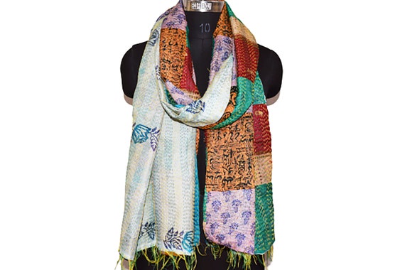 Free shipping of gorgeous handmade vintage indian silk kantha scarf reversible Dupatta stolesilk shawl