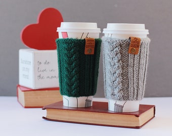 Reusable knitted coffee mug cozy, hand knitted with wool and decorated with cables and leather tag, double cable A