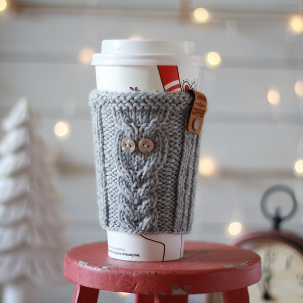 Knit mug cozy, coffee cup sweater, cup sleeve, OWL, instant digital download, knitting pattern only