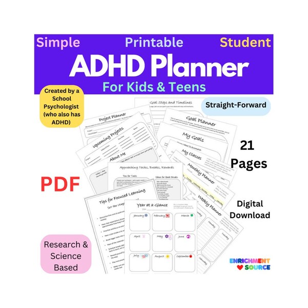 Planejador de TDAH para crianças e adolescentes, planejador de estudante de TDAH, planejador de TDAH para crianças, planejador simples para impressão de TDAH, organizador de TDAH, TDAH na escola