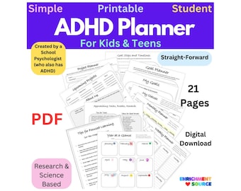 ADHD Kids and Teens Planner, ADHD Student Planner, ADHD planner for children, adhd simple printable planner, adhd organizer, adhd at school