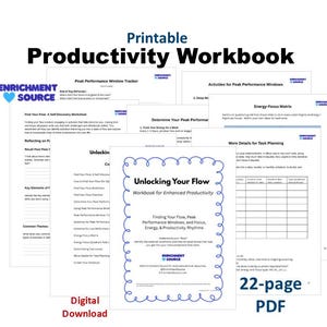 May include: A printable productivity workbook with the title "Productivity Workbook" in large black text. The image includes several pages with titles like "Unlocking Your Flow" and "22-page PDF". The words "Digital Download" are also visible.